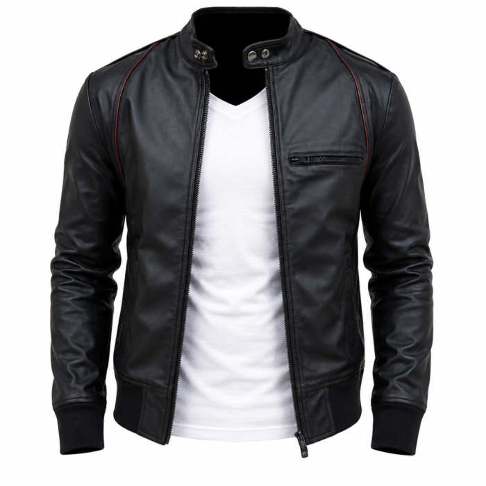 Black Leather Jacket with Red Piping Men's Biker Coat