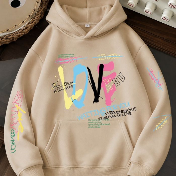 Beige Graffiti Love Graphic Hoodie Oversized Streetwear Pullover