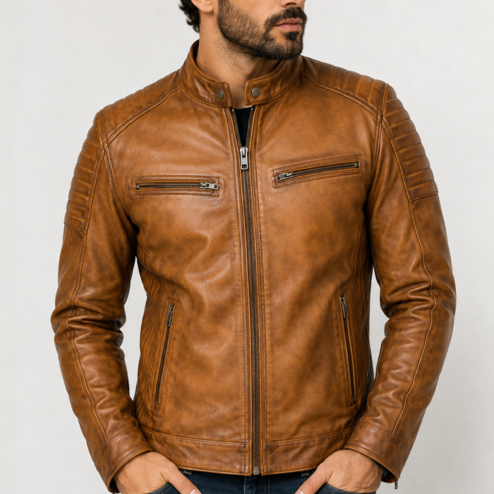 Mens Brown Leather Quilted Moto Jacket Vintage Tan Biker Coat
