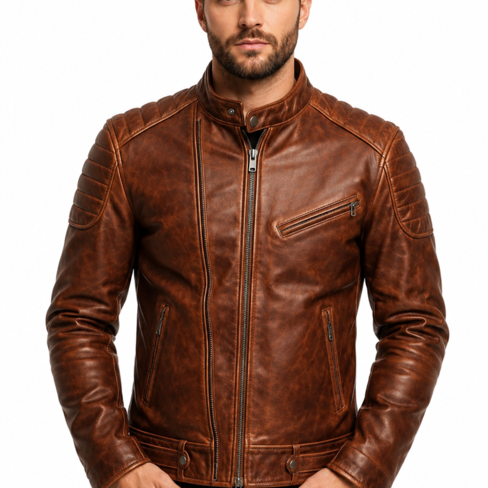 Men's Distressed Brown Leather Biker Jacket