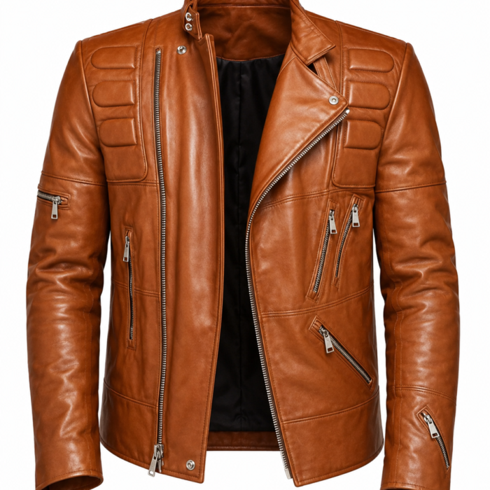 Real Leather Brown Padded Biker Jacket For Men’s