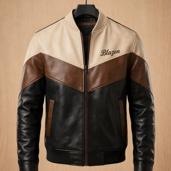 Tri-Color Chevron Leather Bomber Jacket