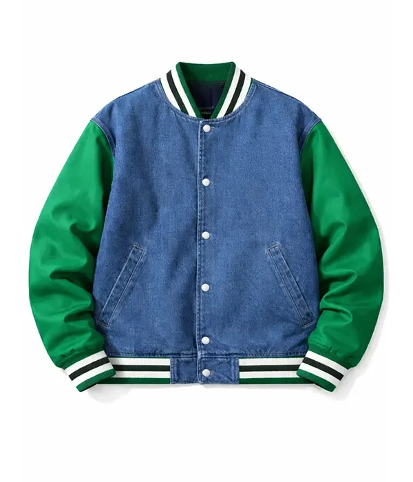 Classic Snap Button Bomber Denim Varsity Jacket