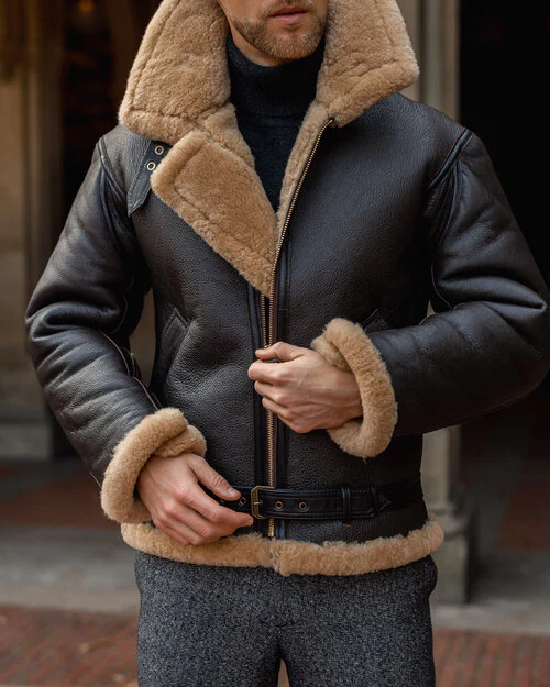 Mens Brown Sheepskin Shearling B3 Aviator Leather Jacket