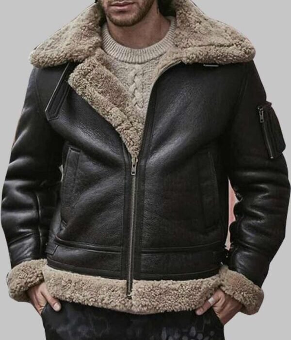 Black Leather Shearling Coat For Mens