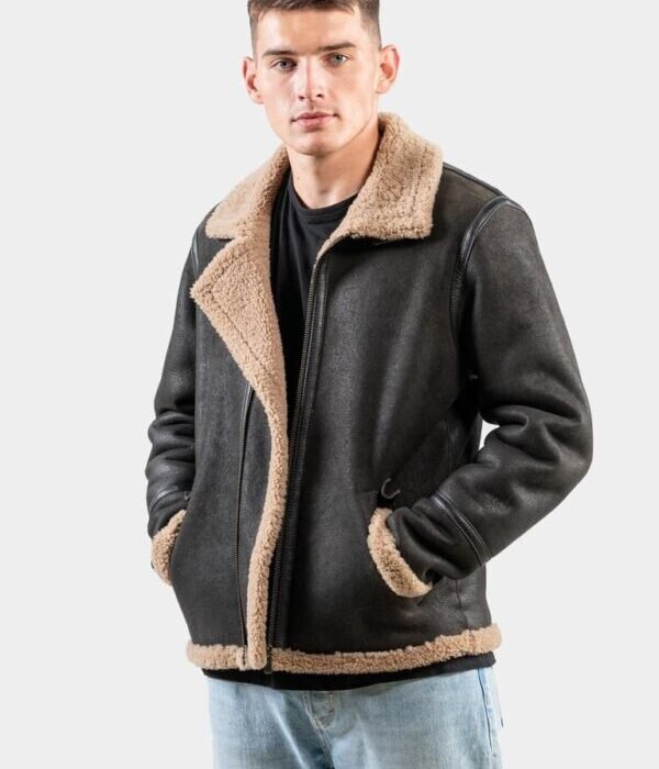 Men’s Brown Leather Pilot Bomber Shearling Jacket