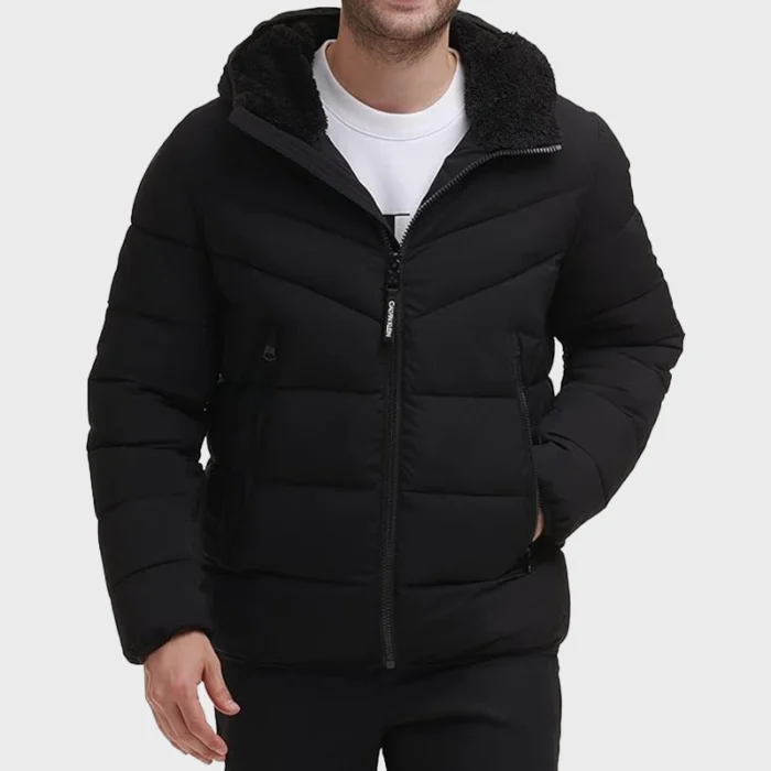 Mens Puffer Stretch Jacket With Sherpa Hood