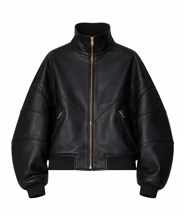 Rihanna Black Ruff Rider Oversized Lambskin Leather Jacket