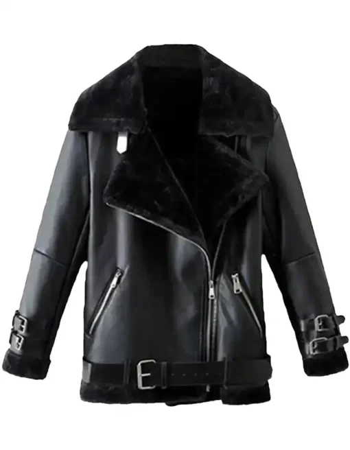 Shearling Rivera Winter Leather Zipper Black Jacket