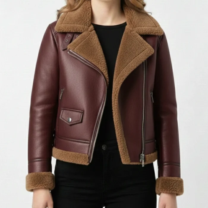 Womens Maroon Leather Bomber Jacket With Fur