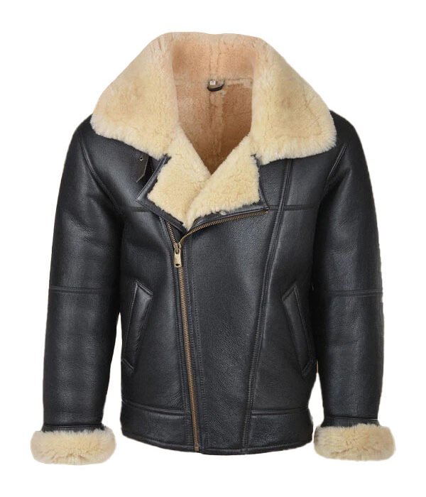 Mens B3 Aviator Sheepskin Black Bomber Shearling Leather Jacket