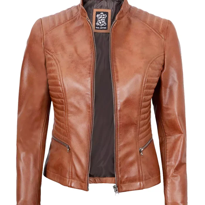 Womens Slim Fit Waxed Leather Jacket Tan Brown Orange
