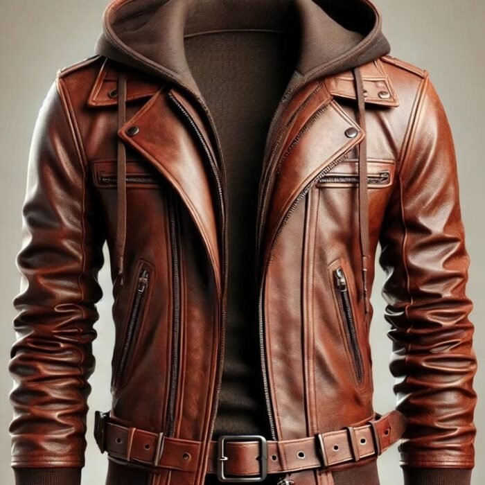 Mens Brown Leather Jacket with Hood Biker Coat
