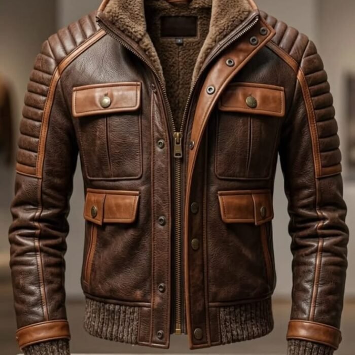 Men’s Distressed Brown Leather Shearling Jacket