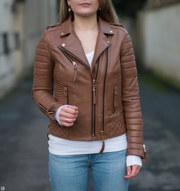 Boda Style Quilted Leather Biker Jacket Brown