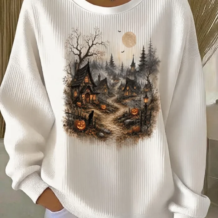 Customize Halloween Spooky Village Graphic Crew Neck Long Sleeve Sweatshirt