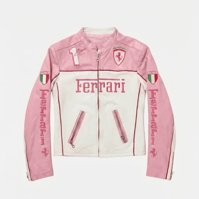 Customize Ferrari F1 Vintage Racing Leather Jacket – Pink & White Edition