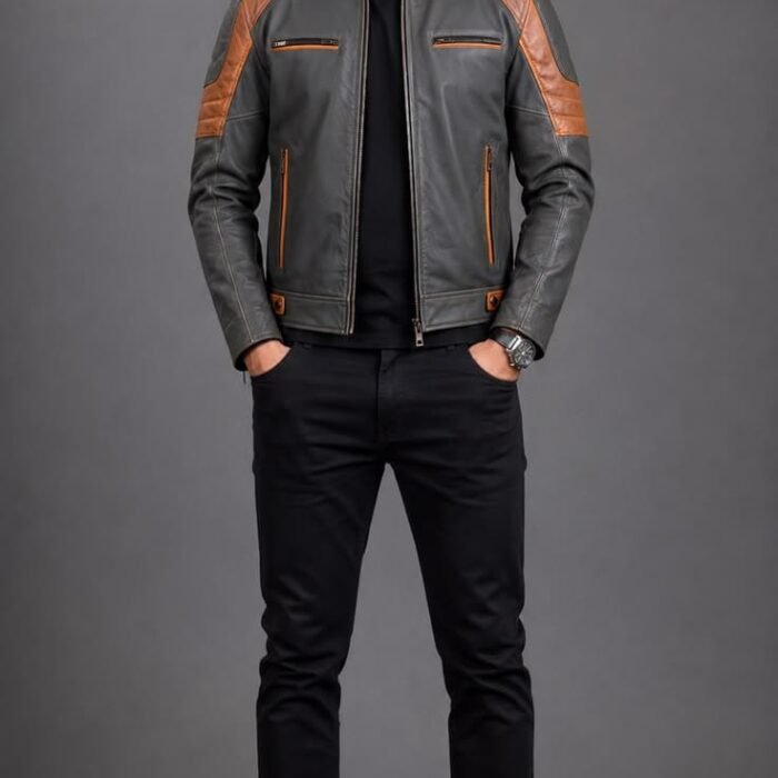 Mens Grey and Brown Leather Jacket Two-Tone Moto Coat