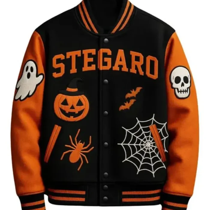 Mens Haunted House Varsity Jacket Spooky Leather Baseball Style