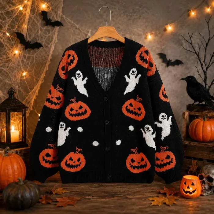 Halloween Ghost And Pumpkin Knit Cardigan Oversized Sweater