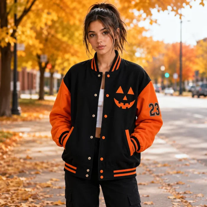 Halloween Pumpkin Varsity Jacket Black And Orange Letterman Coat