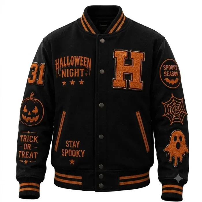 Halloween Varsity Letterman Jacket Spooky Season Wool-Blend Coat