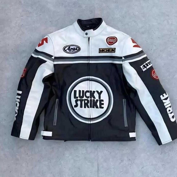 Customize Men Lucky Strike White Black Cowhide MotoGP Racing Leather Jacket
