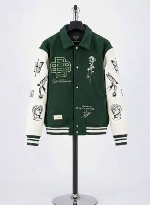 Customize Dark Green and Cream Black Bananas Tattoo Varsity Jacket