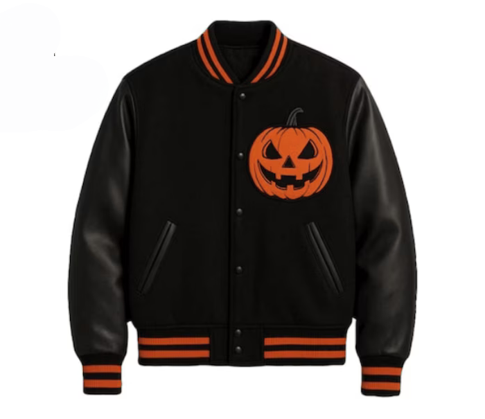 Spooky Chic Jack-o’-Lantern Varsity Jacket Black Bomber Coat