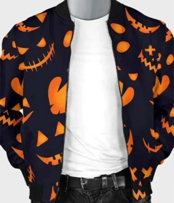 Halloween Black And Orange Pumpkin Faces Cotton Bomber Jacket