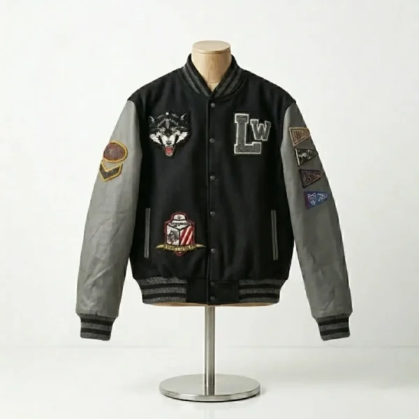 Customize Black and Grey Lastwolf Wolf Patch Varsity Jacket