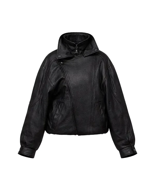 Women’s Oversized Black Textured Funnel Neck Leather Jacket