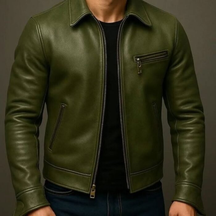 Men's Classic Leather Jacket with Turn Down Collar and Zip Pockets