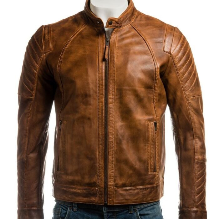 Men's Distressed Brown Leather Motorcycle Jacket with Quilted Sleeves and Stand Collar