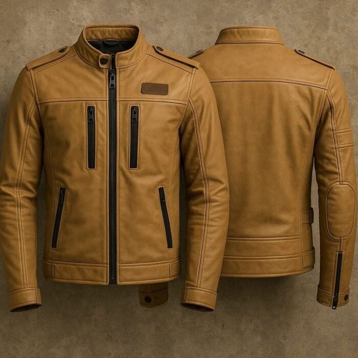 Men's Tan Leather Cafe Racer Jacket with Multi-Zip Pockets and Stand Collar