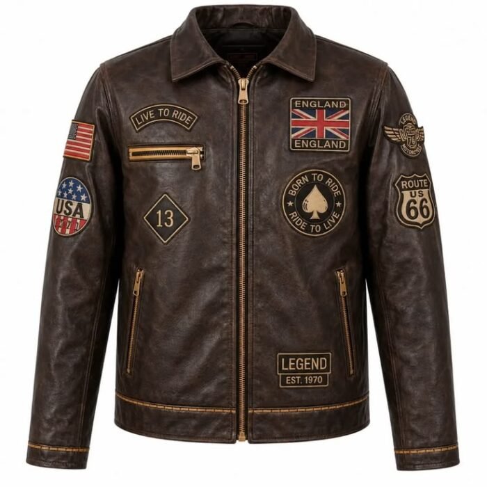 Men's Vintage Leather Biker Jacket with Patches & Skull Back Embroidery